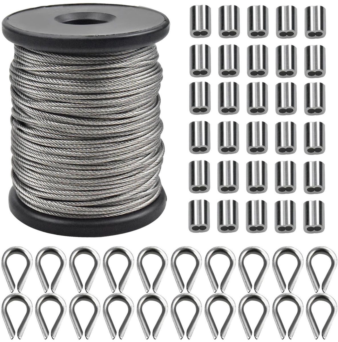 Dailygoods- Stalen Kabel 50 m - Roestvrij Staal - 1,5 mm Diameter - 30 Stuks Aluminium Spannhulzen - 20 Stuks Stalen Kabeloplossingen - Corrosiebestendig - Staalkabel