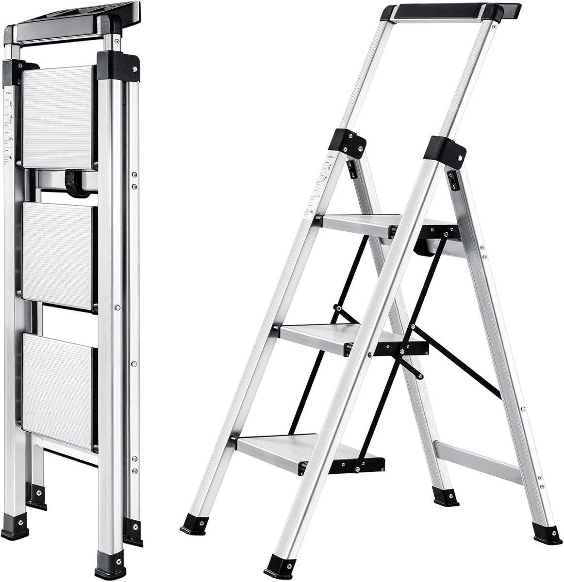 Trapladder met leuning - Vouwladder huishoudtrap - Veilig klussen - Inclusief gereedschapsbak - 3 treden - Zilver