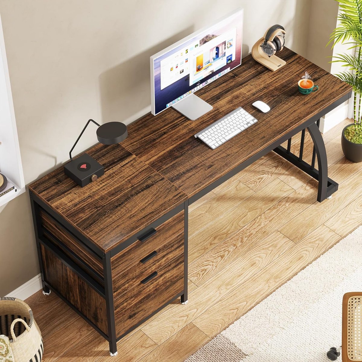 Computertafel 150 cm – Industrieel Bureau met 3 Lades & Omkeerbare Opbergzijde – House&Garden Thuiskantoor Bureau – Rustiek Bruin/Zwart Metaal – Grote Werktafel 150x50x75 cm – Krasbestendig Computerbureau voor Thuis en Kantoor