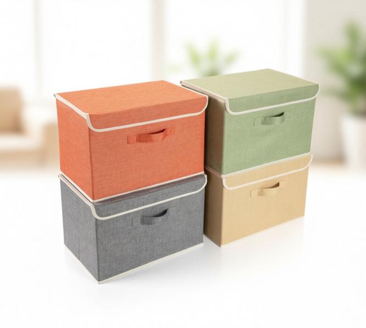 ElleMooi Opbergdozen met Deksel, 4-delige Set Opvouwbare Opbergmand voor Kleding, Speelgoed, Boeken, 38 x 25 x 25 cm, Oranje/Groen/Grijs/Beige