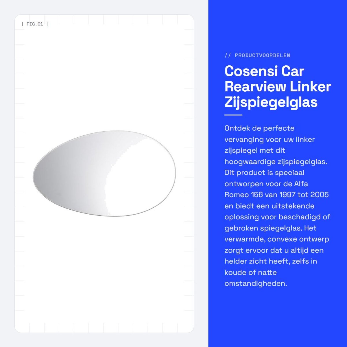 Dailygoods- Zijspiegelglas Vervanging - Achterplaat - Convex - Verwarmd - Links - Echt Glas - 15cm Diagonaal - Spiegelglas