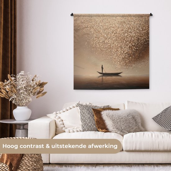 Wandkleed 90x90 cm - Wanddoek Bootje - Blaadjes - Goud - Water - Wandtapijt - Wandkleden