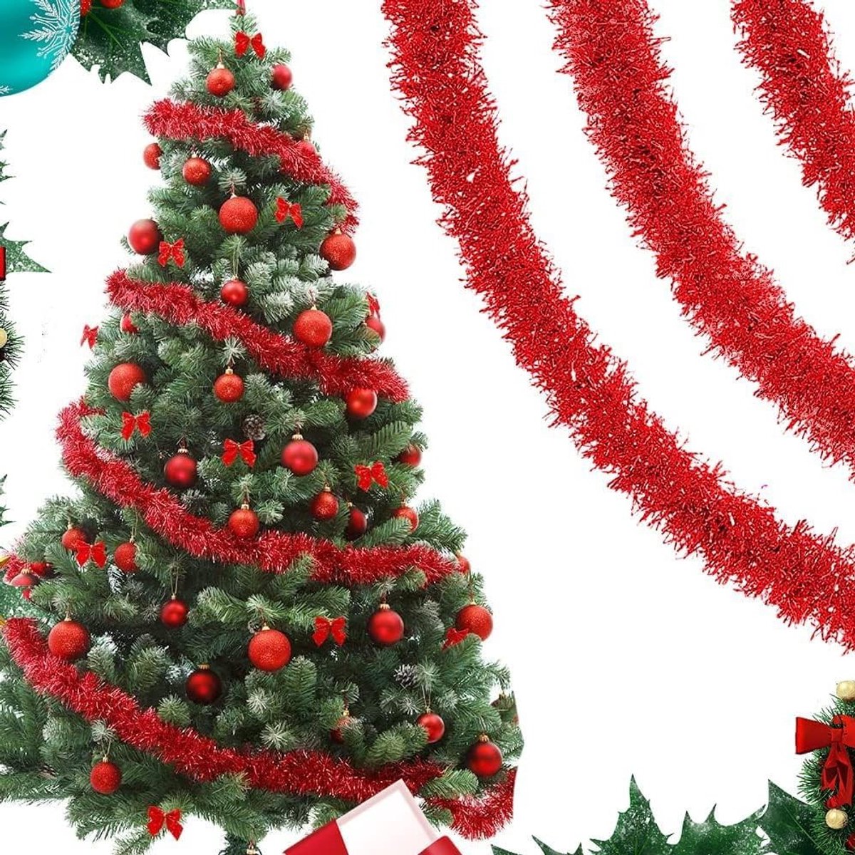 Kerstboomversiering met Lametta in Rood - 20 meter Lange Hangende Decoratie voor Feestdagen en Kerstdecoratie