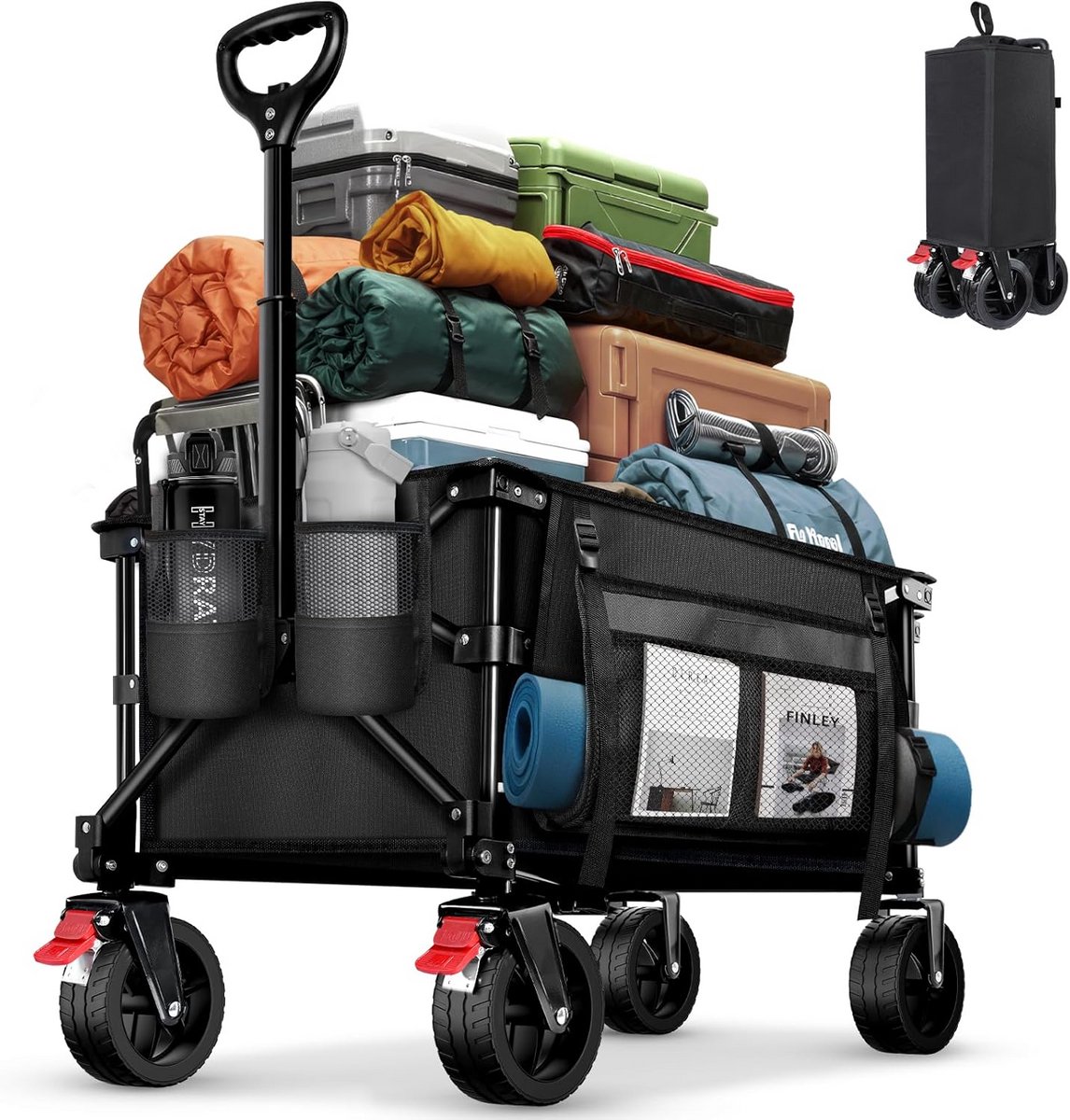 Inklapbare Handwagen - Touwkar Tuin - Vervoeren van spullen - Grote all-terrain wielen - 130L capaciteit - Zwart