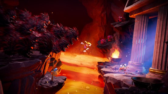 Rayman rent weg voor een hydra met gloeiende rode ogen in een lavalandschap met Griekse zuilen.