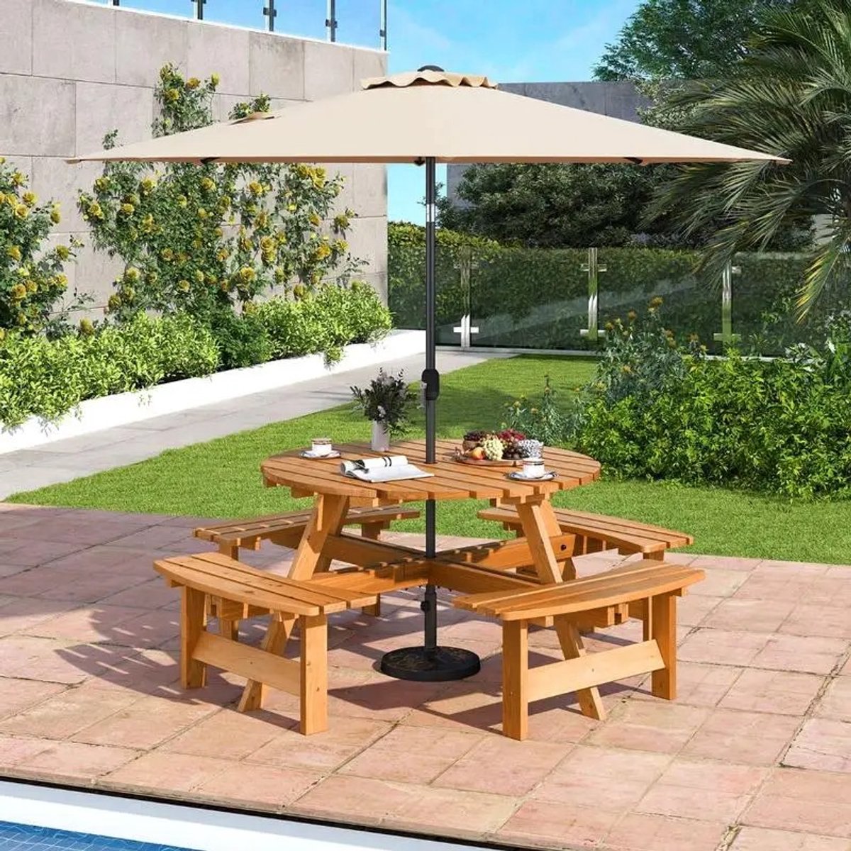 Dailygoods Picknicktafelset voor 8 personen met parasolgat & 4 banken. Tuintafel van hout. Ronde zitgroep. Geel.