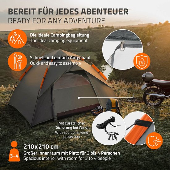 Pop-up tent voor 4 personen, kampeertent outdoor grijs, dubbelwandige koepeltent met 2 deuren, waterdicht & winddicht met draagtas van POP — afbeelding 3