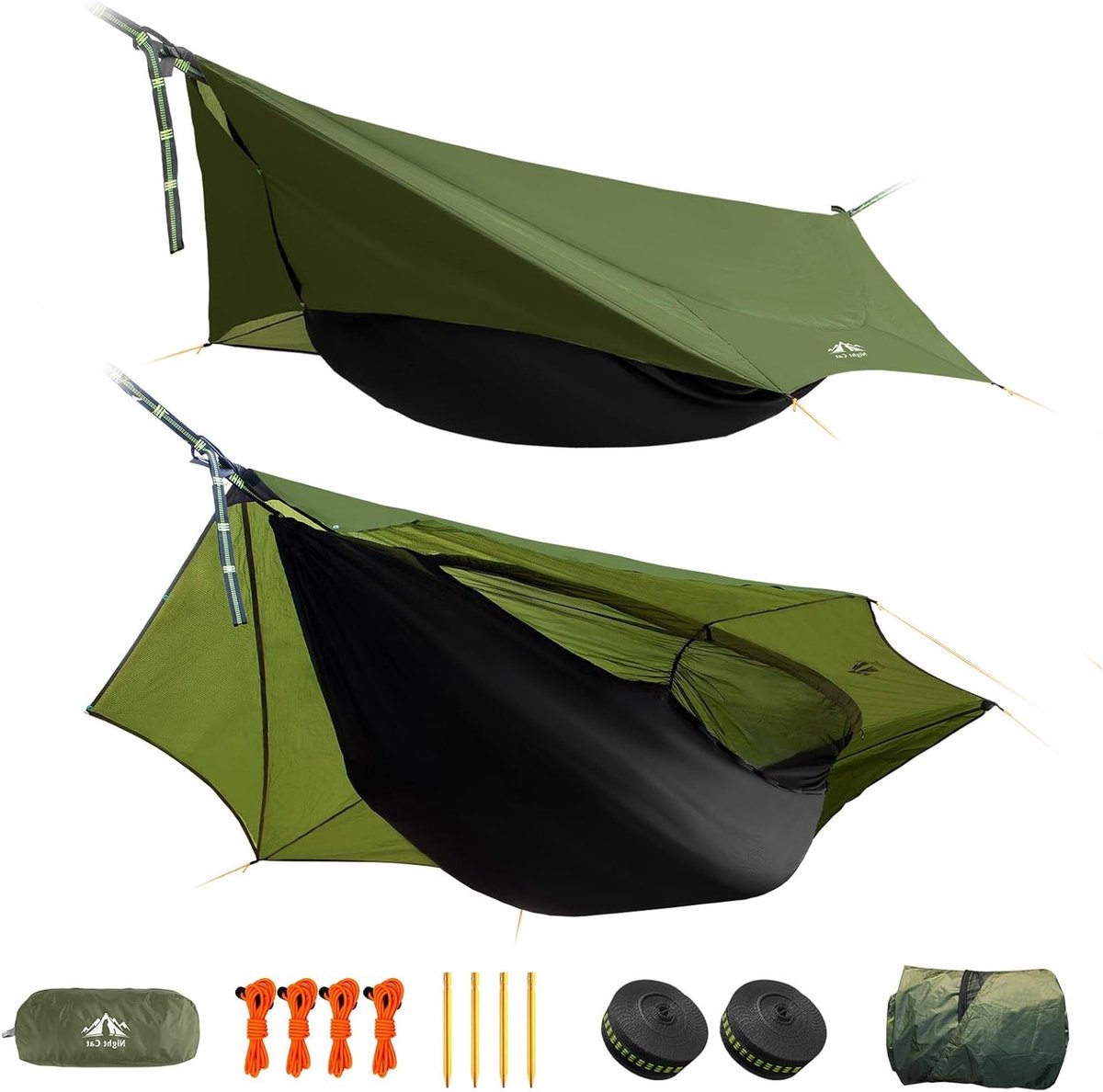 Lichtgewicht Hangmat met Muggennet en Tarp voor Camping en Hiking, Geschikt voor 1 Persoon, Groen