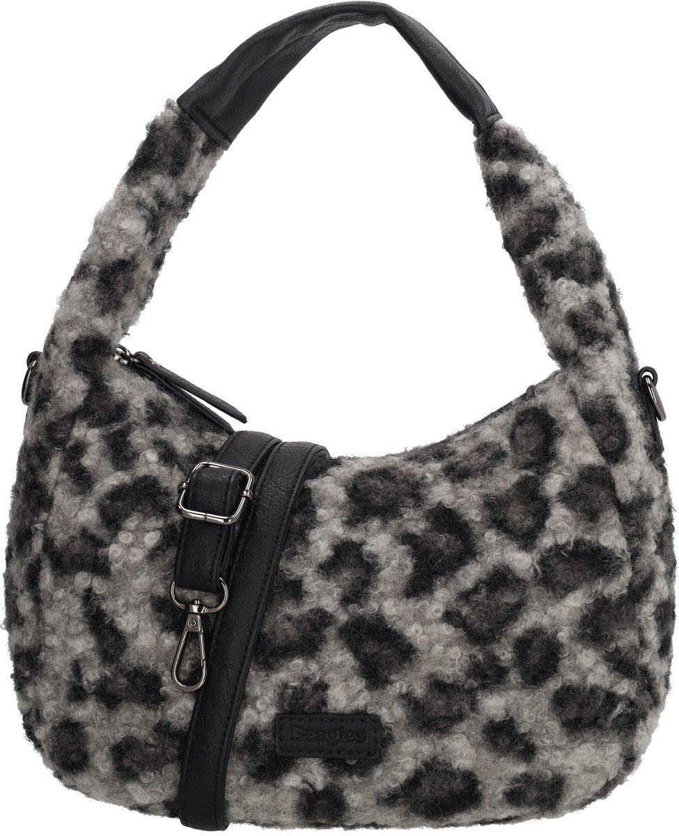 Beagles Nancy Handtas - Teddy Look - Verstelbare Schouderband - Damestas - Casual Tas - Ritssluiting - Crossbody - Luipaard Zwart/Grijs