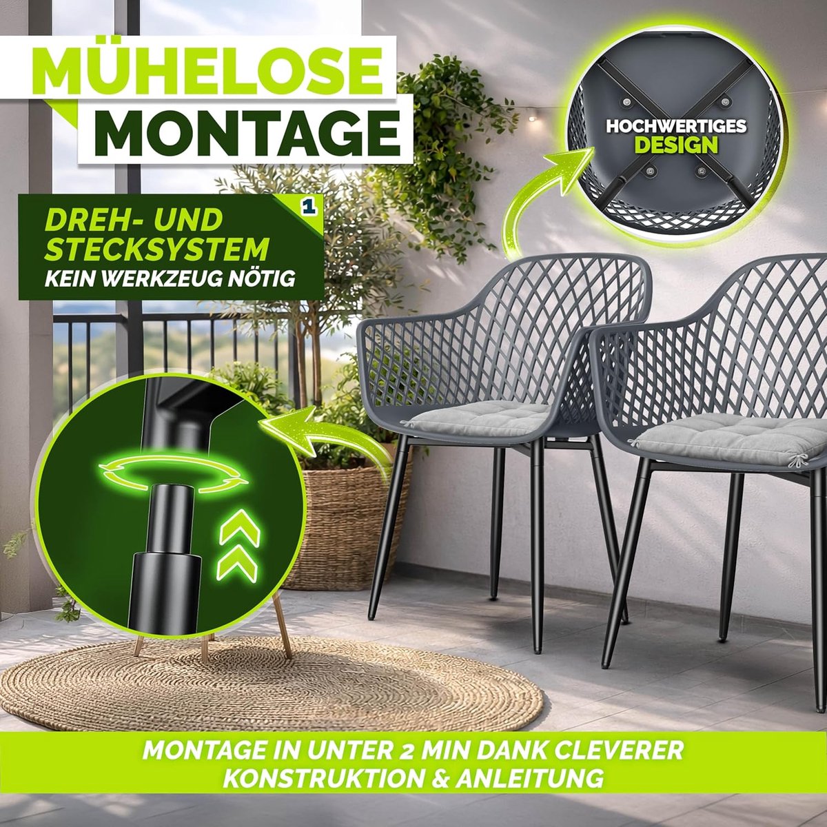 Gartenstuhl 4er Set Anthrazit 52x55x83 cm – Ergonomische Outdoor Stühle mit Armlehne, Wetterfest, UV-beständig & bis 120 kg belastbar – Ideal für Balkon, Terrasse & Garten | Laura