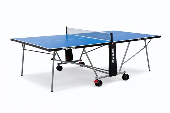 Blauwe Pegasi tafeltennistafel met net, wielen en opbergnet.