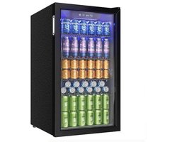 Linkforu - Drankenkoelkast - Mini Koelkast - 126 Blikjes - Geruisloos dus ook Ideaal voor in de Camper of Caravan - Zwart RVS –Design en Led Verlichting - 49×44,5×78 cm