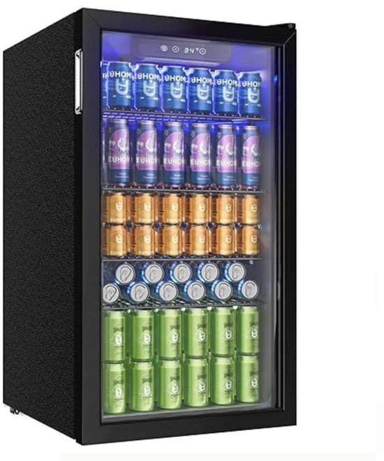 Linkforu 90L Drankenkoelkast Zwart RVS, Geruisloos, 126 Blikjes, 4 Verstelbare Planken, LED Verlichting, Camper geschikt