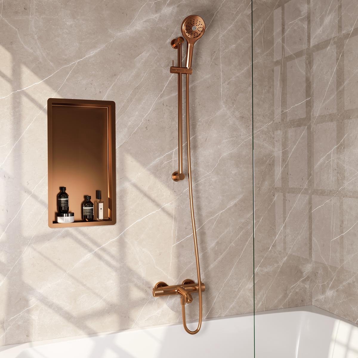 Brauer Copper Carving Opbouw Baddouche Thermostaatkraan - 3 stand - Doucheslang - Glijstang - Handdouche - Koper Geborsteld Pvd