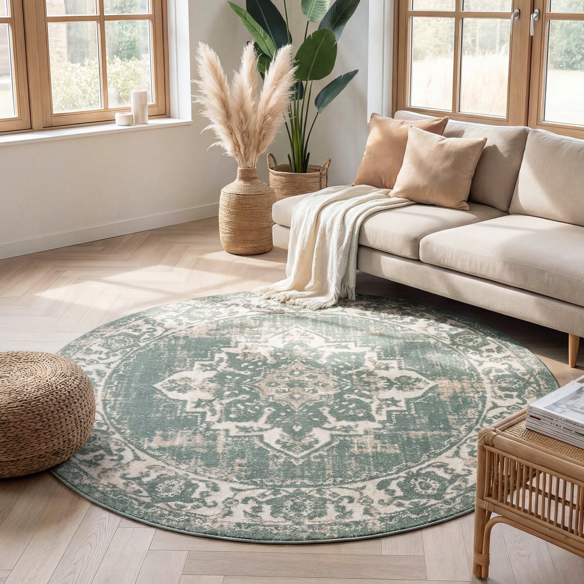 Fraai Rond vintage vloerkleed - Spring Medaillon Groen/Creme - Ø 120cm