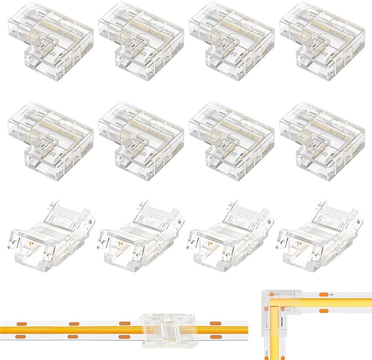 12 stuks 2-polige 8mm LED Strip Connectoren Soldeervrij voor COB Strips - Transparante L-vorm en Rechte Verbindingsstukken voor Eenvoudige Installatie en Verbindingen