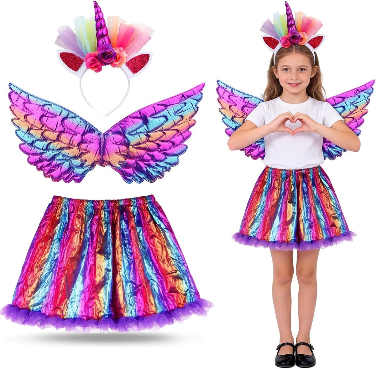 Unicorn Kostuum voor Kinderen, 3-delig Regenboog Kostuum voor Meisjes, Carnaval, Cosplay en Feestjes met Hoofdband en Vleugels
