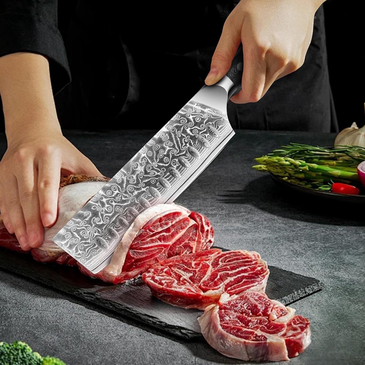 Professioneel Nakiri Koksmes van Damaststaal, 7 Inch, Ideaal als Vaderdag Cadeau, Ergonomisch Ontwerp, Scherp en Duurzaam, Inclusief Vingerbescherming en Slijper
