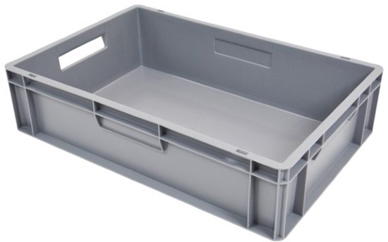 Grijze Euronorm stapelbak van 600x400x150 mm met handgrepen aan de korte zijden.