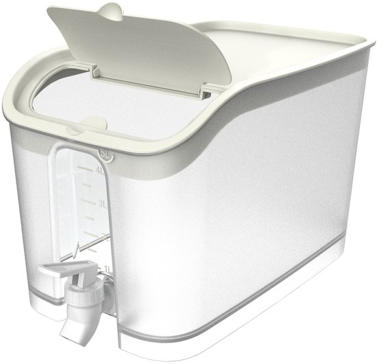 Doorzichtige drankdispenser met witte kraan en open gebroken wit deksel, op witte achtergrond.