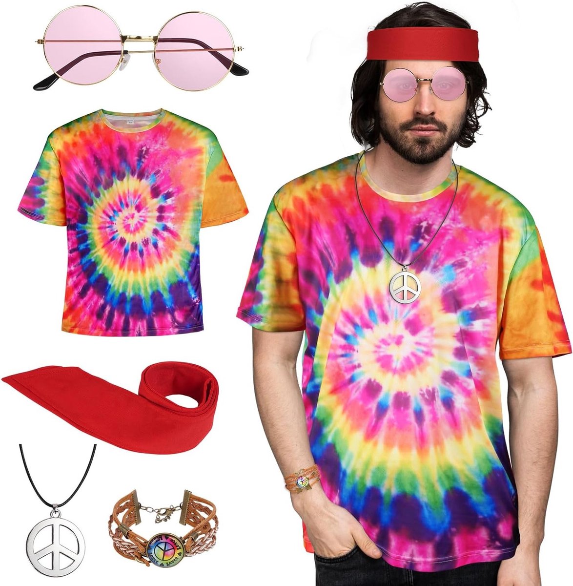 Hippie Kostuum Set voor Mannen en Vrouwen, 5-delige Outfit met T-Shirt, Zonnebril, Haarbanden en Gevlochten Armbanden voor Halloween en Retro Feestjes