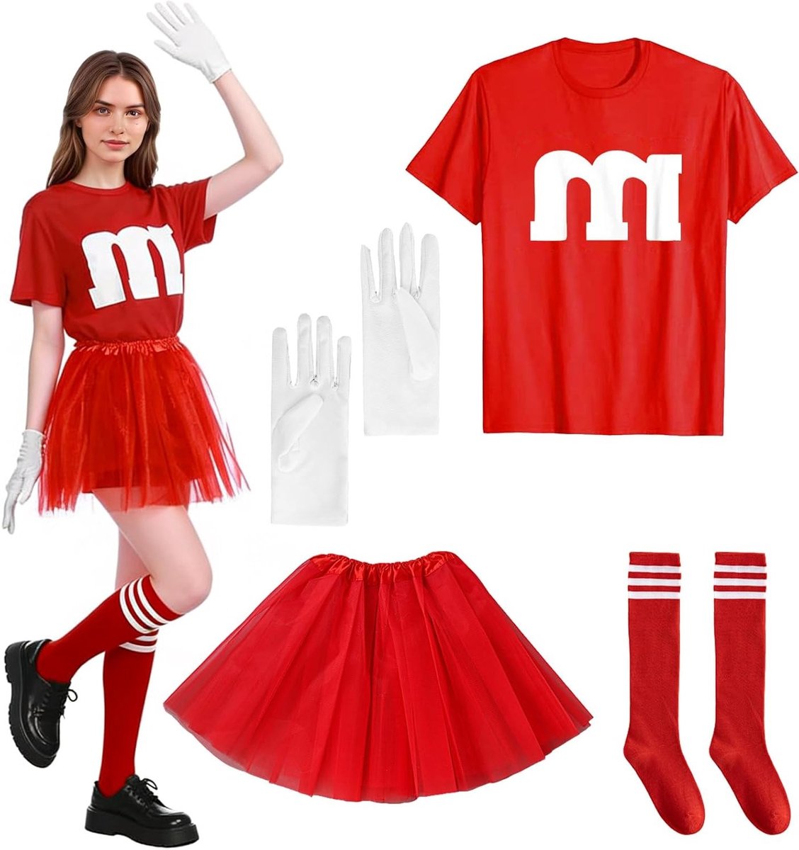 Vrouwelijk Carnavalskostuum T-shirt met Print, Tutu, Gestreepte Sokken en Handschoenen voor Feestelijke Thema's