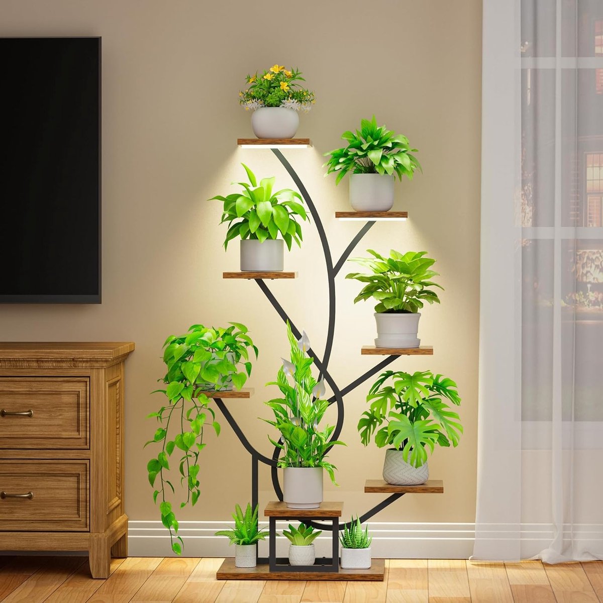 Plant Stand with Grow Light 8 Levels Flower Stand 126 cm Metal Wooden Plant Rack Indoor and Outdoor Flower Stairs Decorative for Indoor Garden Balcony