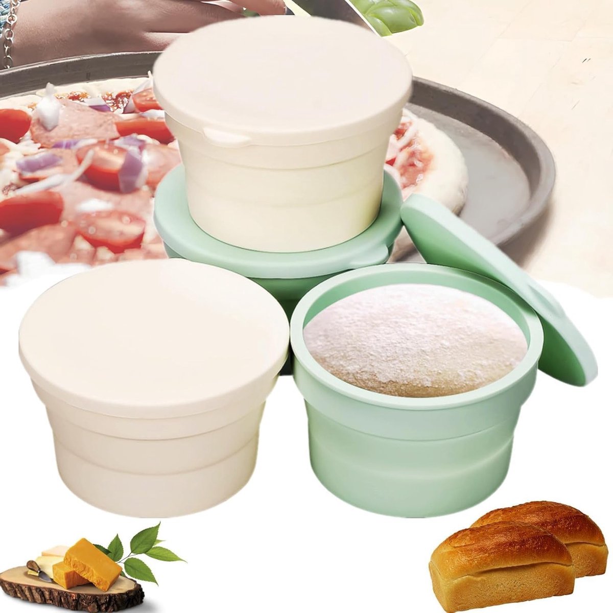 Pizza Ball Box met Deksel - Set van 4 Stuks, 13 cm Rond, Silicone Fermentatie Box, Vaatwasserbestendig, Ideaal voor Deeg tot 300g, BPA Vrij en Duurzaam