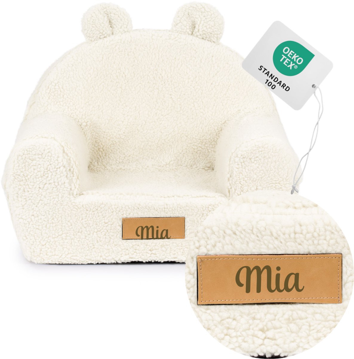 Flumi - Kinderfauteuil - Bouclé kinderstoel crème - Met oortjes - Gepersonaliseerd met naamgravure