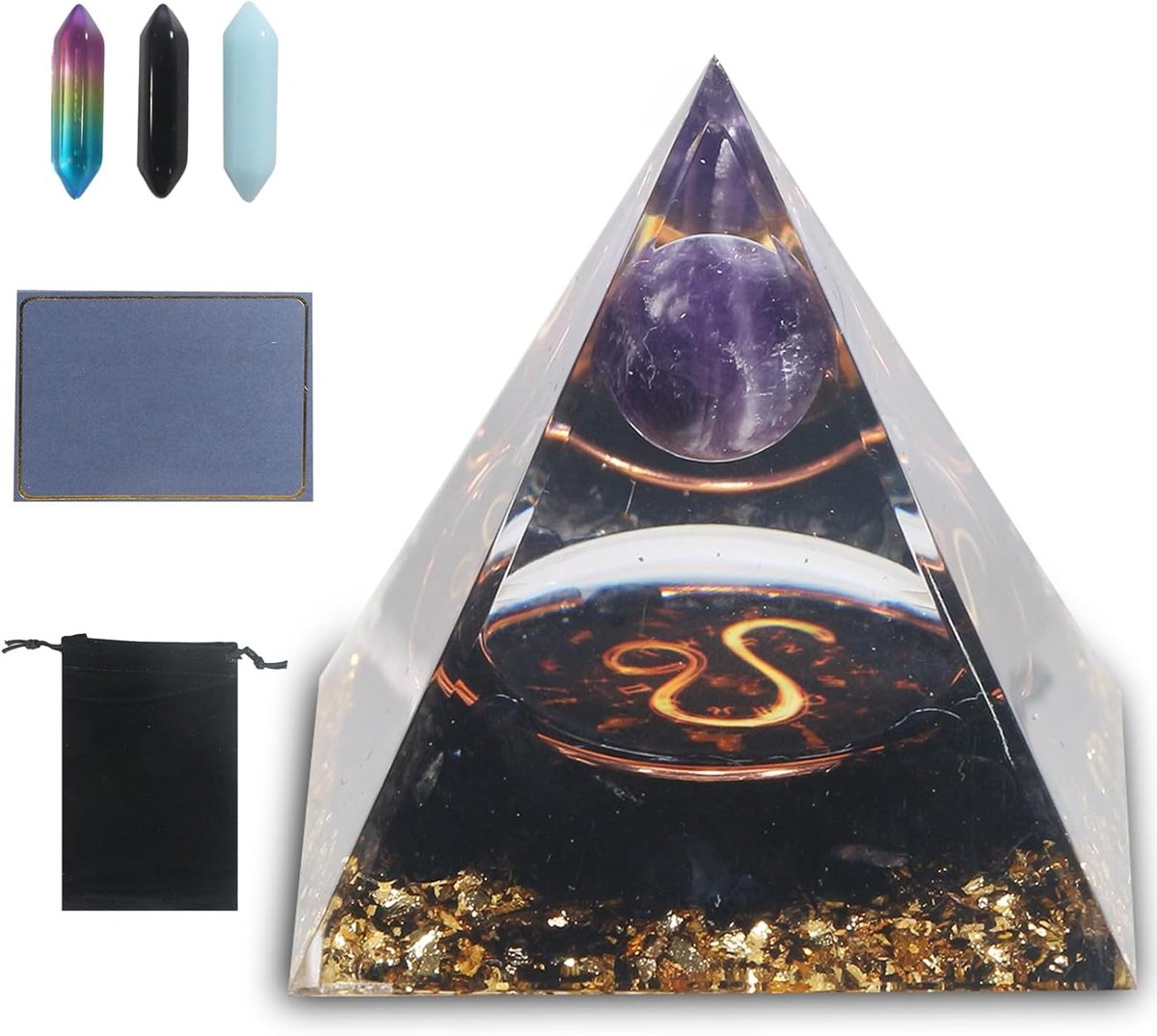 Reiki Kristallen Piramide met 12 Zodiac Signen, Esoterische Geschenken voor Chakra Healing, Meditatie en Yoga met Zwarte Fluwelen Zak