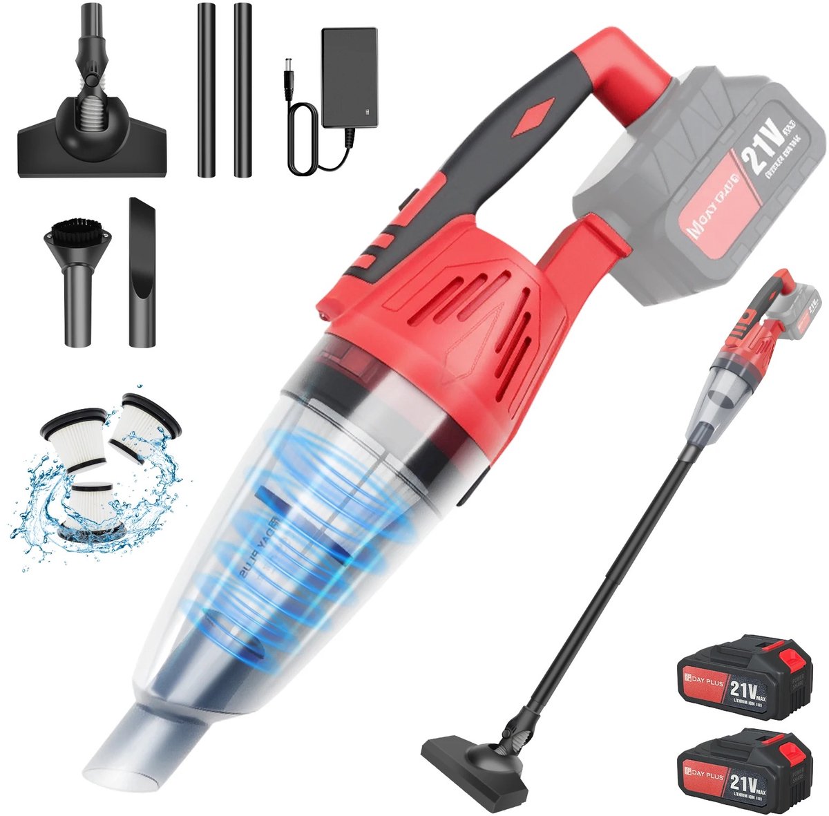 Cellista Draadloze Handstofzuiger - Autostofzuiger - Kruimeldief - USB Oplaadbare Stofzuiger - 5500Pa Zuigkracht - 21V 0,6L - Rood Zwart
