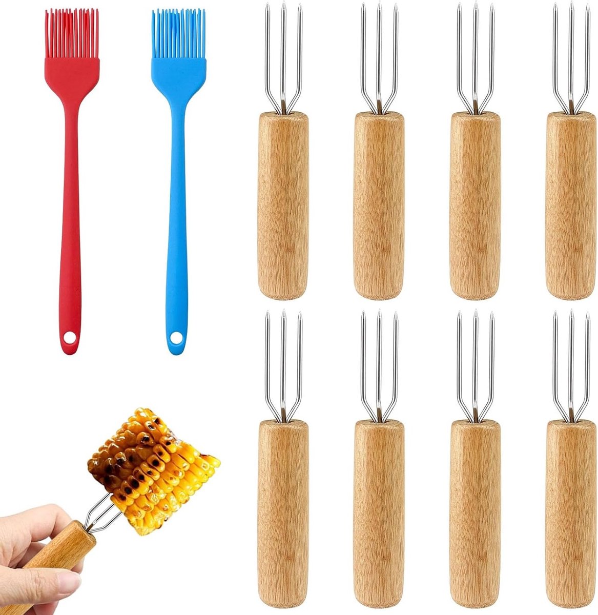Set van 8 aardappelvorken van natuurlijk hout, ideaal voor groenten, vlees en grillgerechten met 2 siliconen kwasten