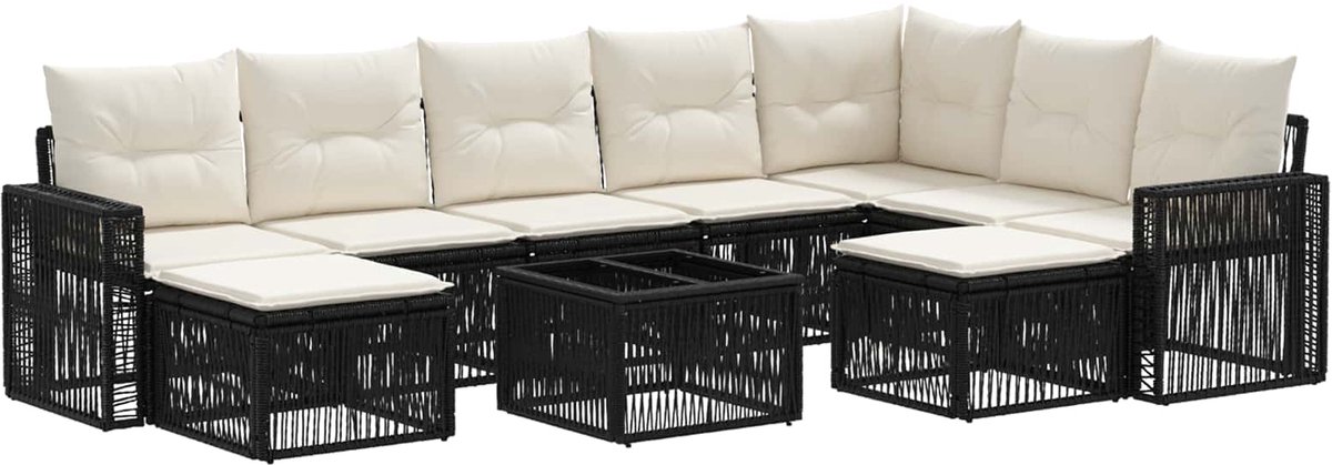 vidaXL - Tuinbank - Set - 10 - pcs - Zwart - en - Crème - Wit - poly - rattan