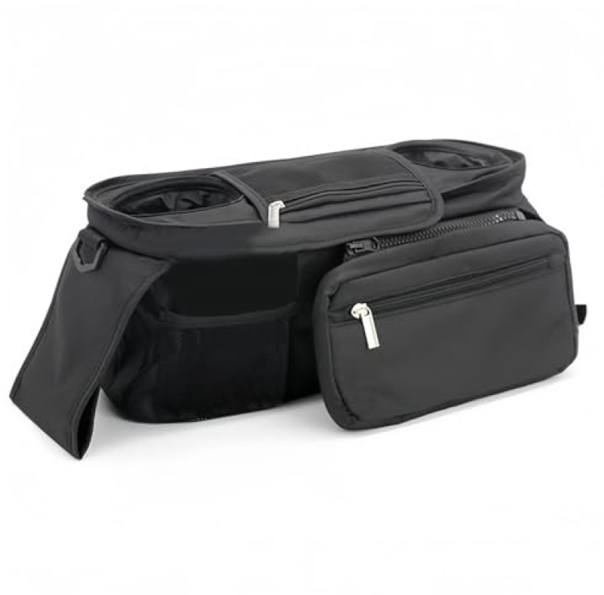 Universele Kinderwagen Organizer met 2 Geïsoleerde Bekerhouders en Schouderriem – Waterdichte Buggytas voor Luiers, Speelgoed en Accessoires, Zwart
