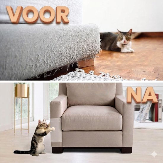 Vergelijking bank: VOOR (kapot gekrabd) en NA (beschermd). Kat krabt aan beschermde fauteuil.