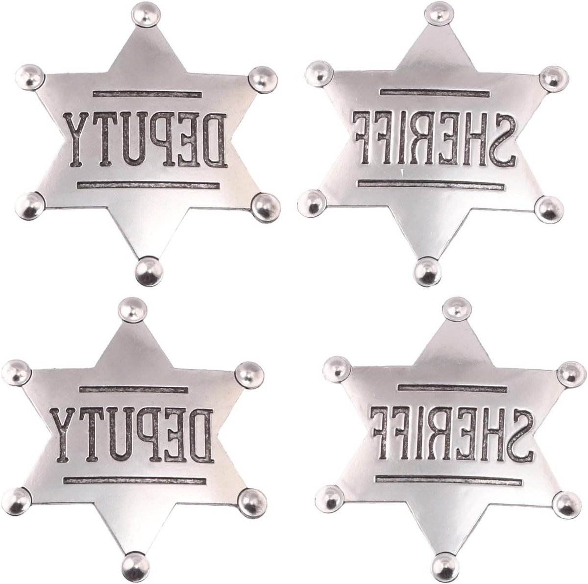 Antieke bronzen sheriff insignes set van 4, cowboy broches voor kostuums, hoeden en feestaccessoires