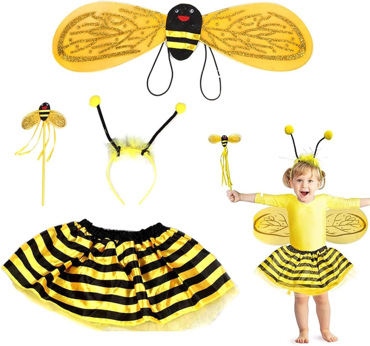 Bumblebee Kostuum voor Meisjes met Vleugels, Toverstaf, Hoofdband en Rok - Ideaal voor Carnaval, Verkleedfeest en Halloween (2-5 Jaar)