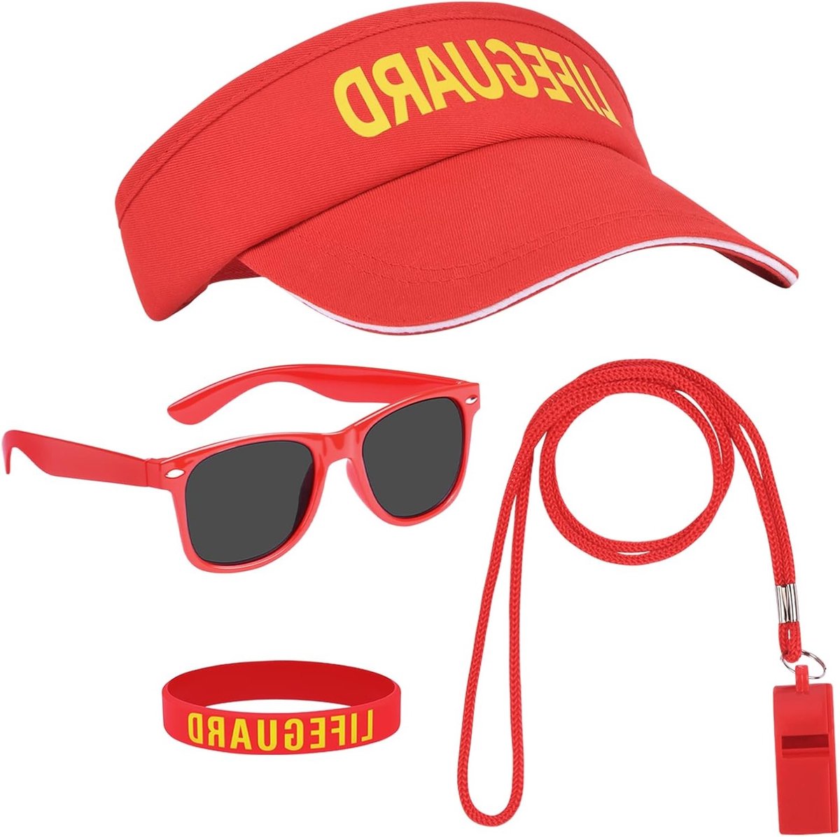 Lifeguard kostuum accessoires set met fluit, verstelbare zonnehoed, zonnebril en armband voor volwassenen, perfect voor Halloween en zwembadfeestjes