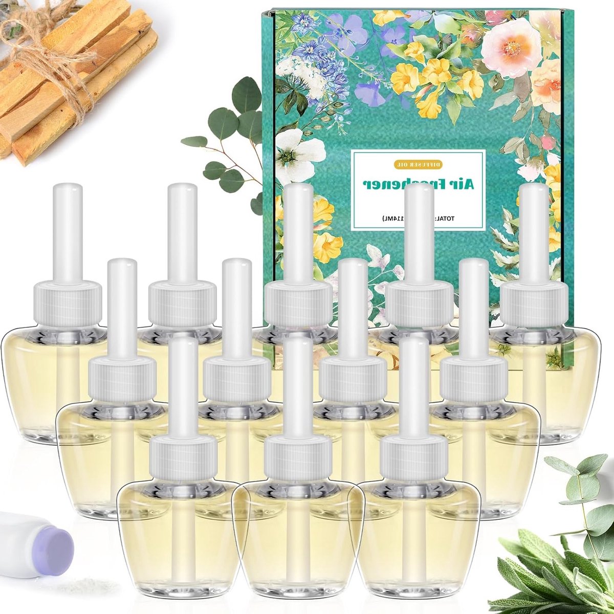 Vul je geurverspreider aan met 12 x 18 ml geurige olie, Palo Santo, Eucalyptus Sage en Baby Powder, voor een frisse en aangename ruimte geur