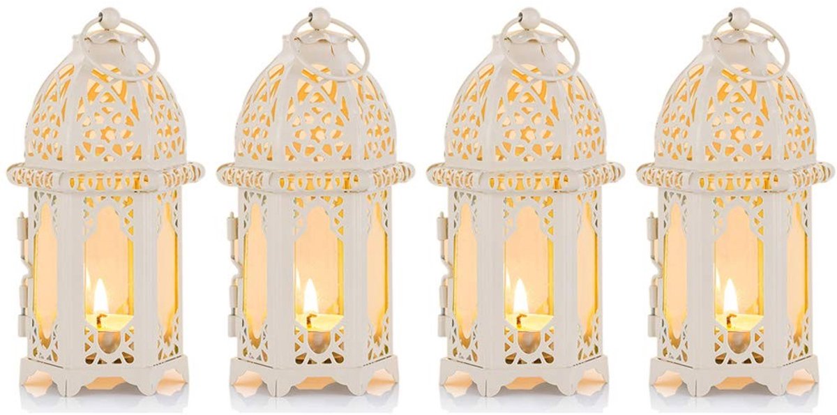 Dailygoody - Marokkaanse Stijl Kaars Lantaarn - Theelicht Houder - Wit - Kleine Formaat - Terras en Binnenshuis - Bruiloften en Feesten