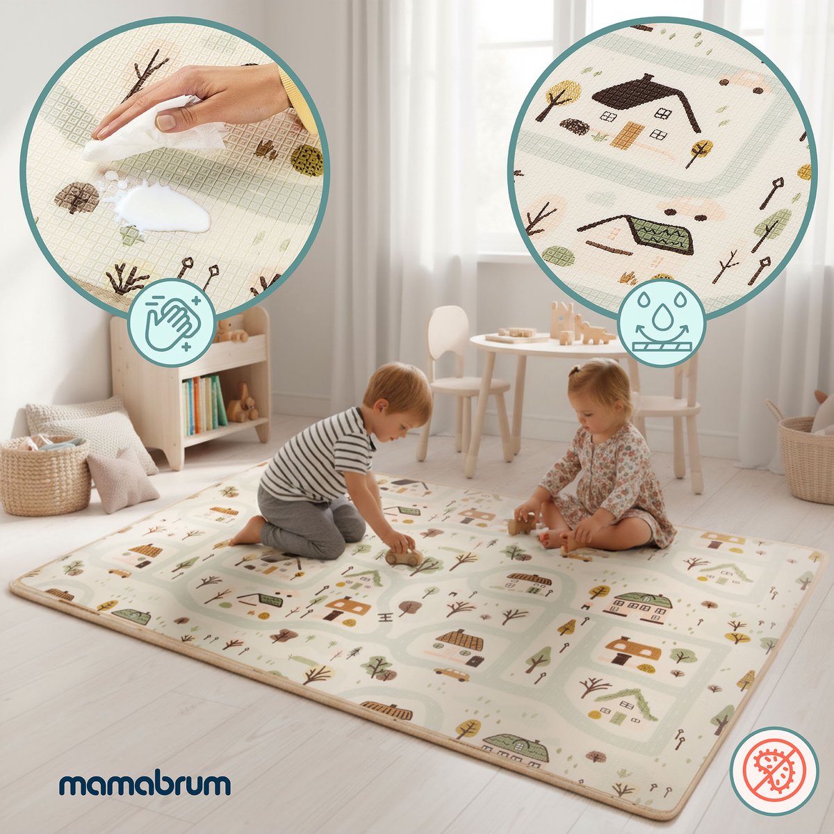 Mamabrum Dubbelzijdige Speelmat van Schuim 180x120 cm – XPE Speelkleed voor Baby’s en Kinderen – Stadje / Zandbeige – foto 6