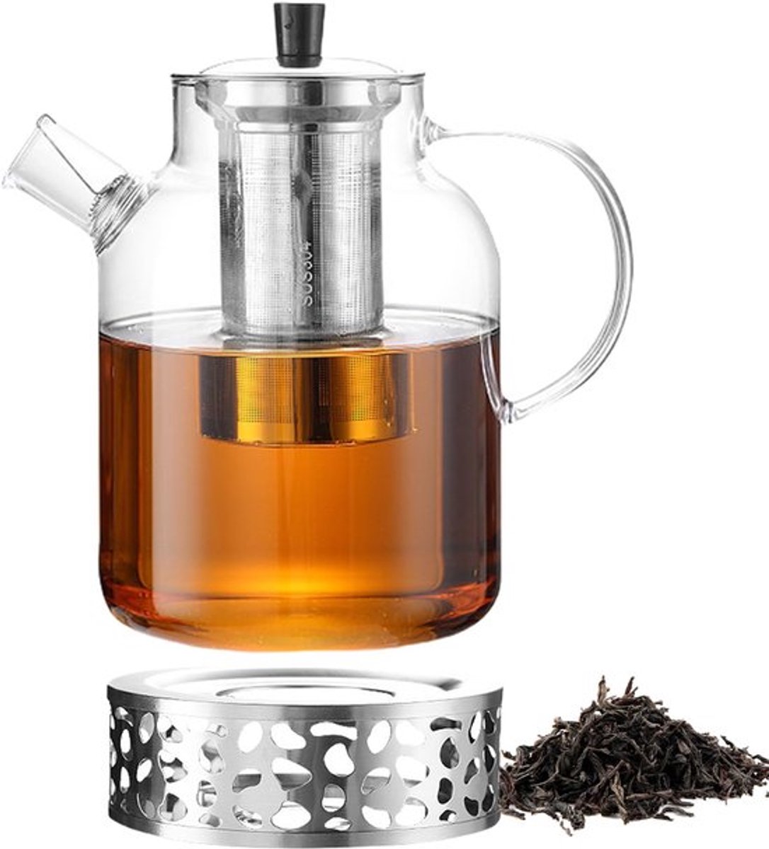 Theepot met zeef, glazen pot met roestvrijstalen verwarming, borosilicaatglas, vaatwasmachinebestendig, voor het zetten van thee, bloementhee, kruidenthee, theezakjes