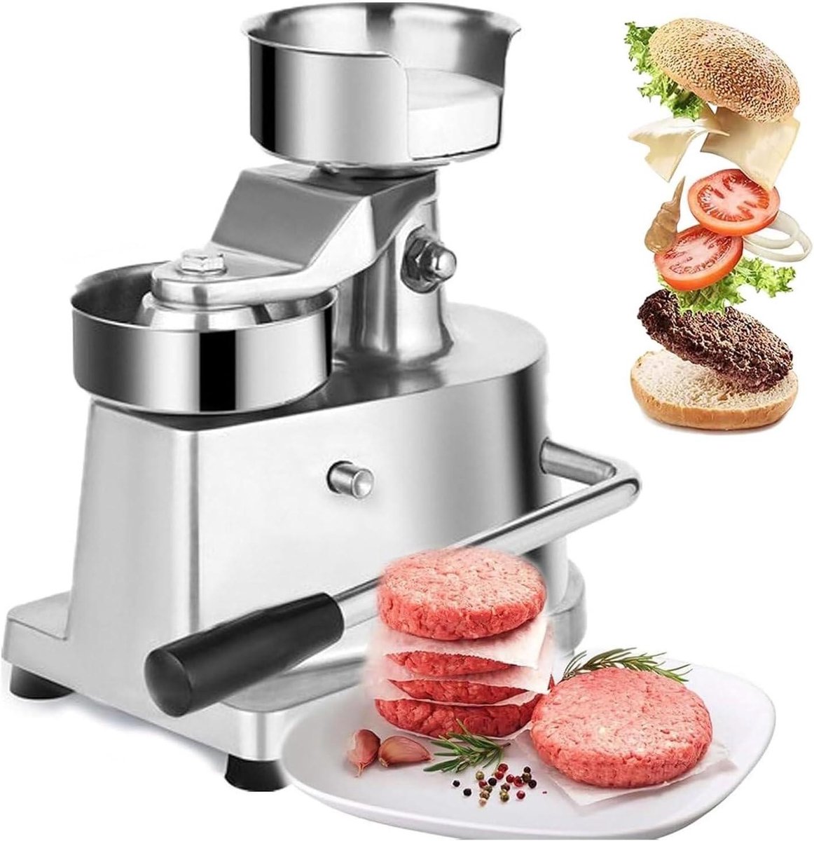 Burger Patty Maker - Hamburger Pers - Perfecte Burgers Maken - Handmatige Heffboom Mechanisme - 100 130 150 mm - Zilver