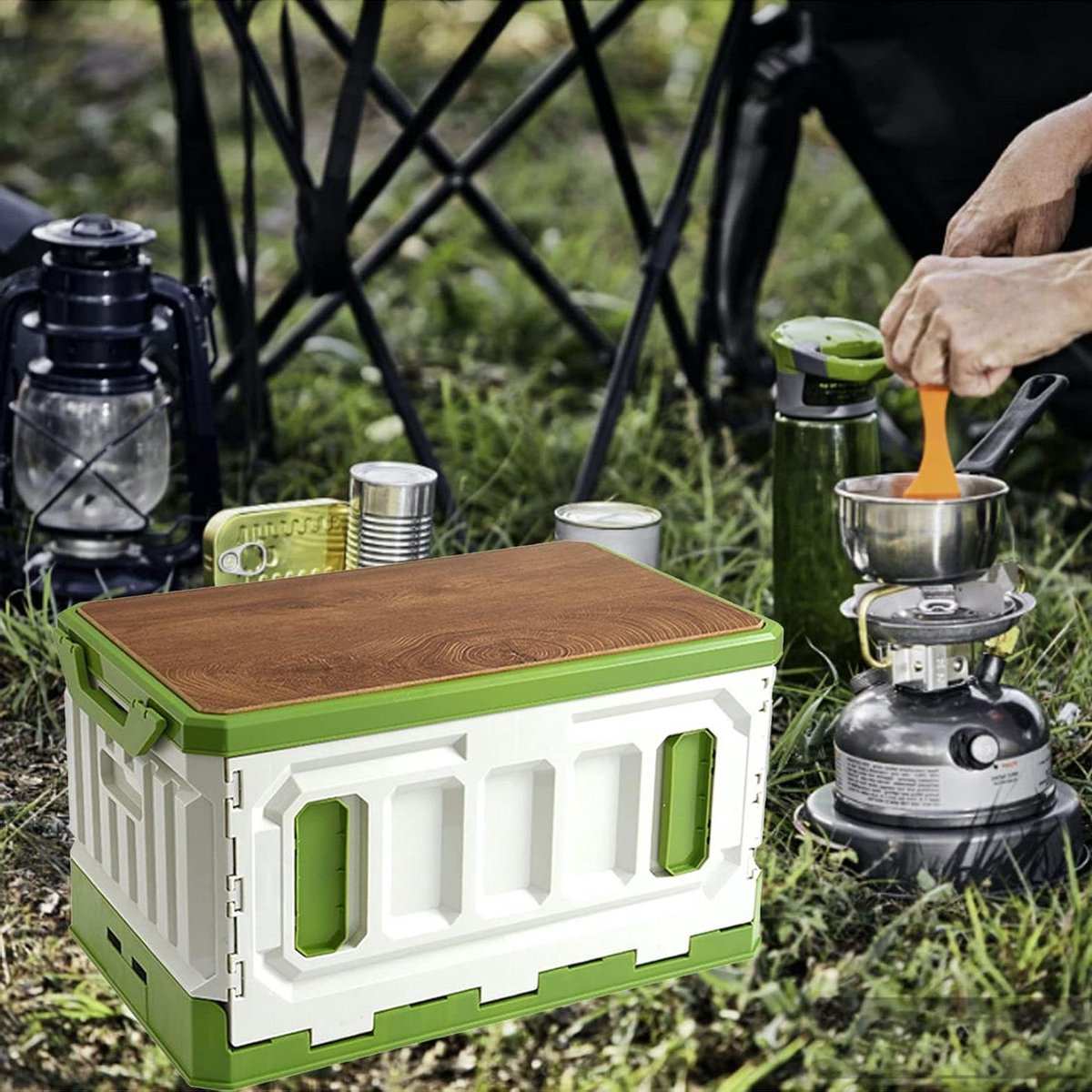 Opvouwbare Opbergbox - Campingbox Picknick - Buiten Eten - Stapelbaar Ontwerp - 95 Liter - Groen Wit