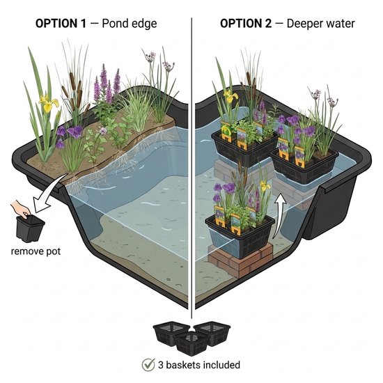 Illustratie van twee opties voor het plaatsen van waterplanten in een vijver: aan de rand en dieper water.