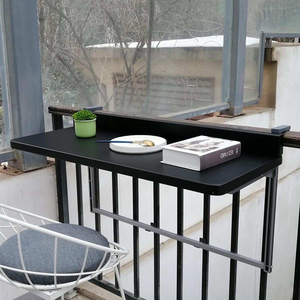 Bijzettafel Inklapbaar - Balkontafel Wandmontage - Buiten Dineren - Verstelbare Hoogte - 120 cm - Zwart