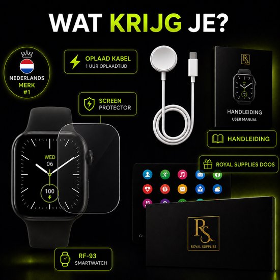 Royal Supplies RF-93 Smartwatch - Smartwatch Heren - Smartwatch Dames - Belfunctie- HD Touchscreen - Horloge - Stappenteller - Bloeddrukmeter - Saturatiemeter - IOS & Android -Screenprotector- Zwart