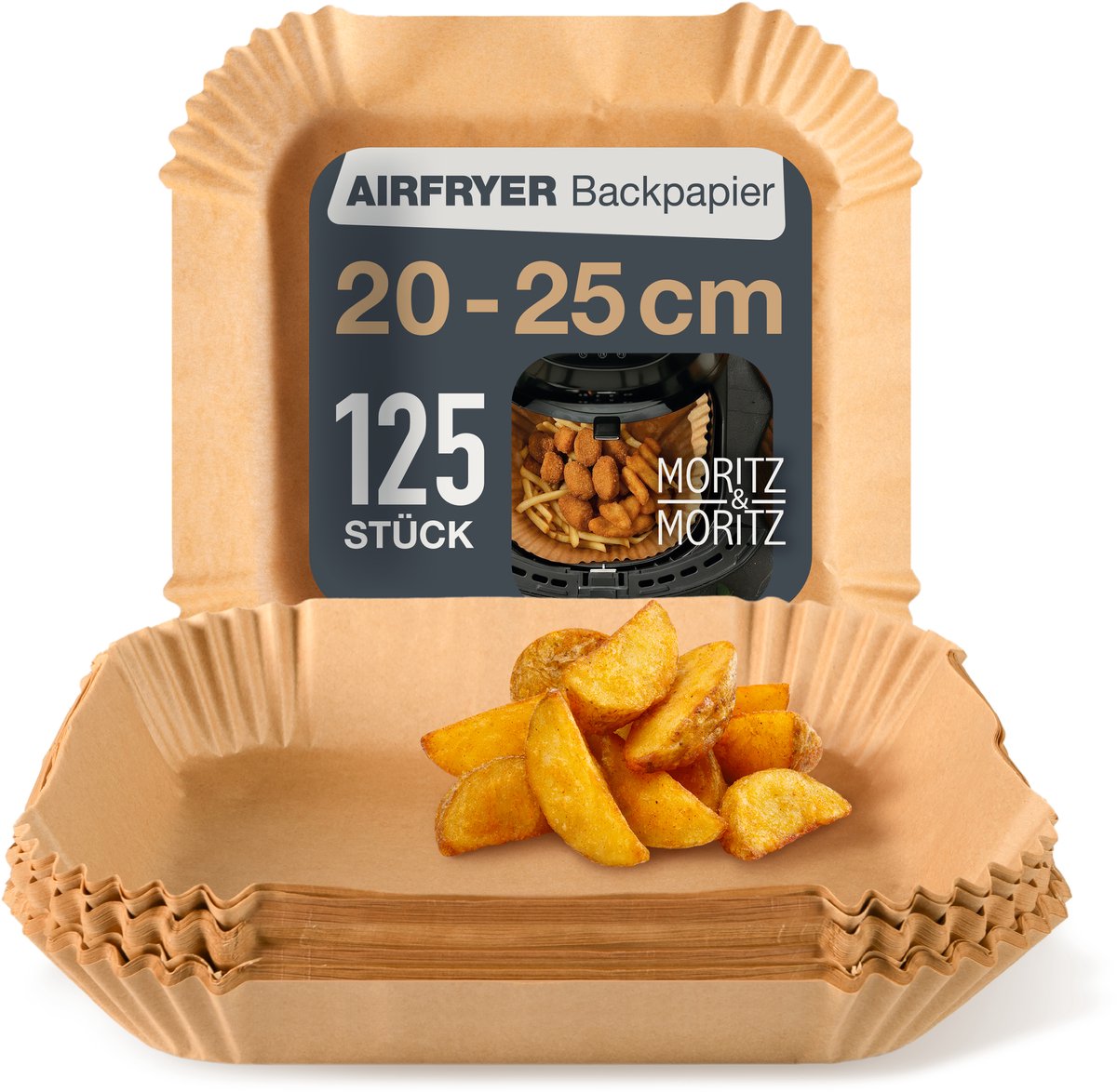 Moritz & Moritz Airfryer Bakpapier - 125 Stuks Vierkant - 20x20 cm - Airfryer Accesoires - Heteluchtfriteuse - Luchtfriteuse Wegwerp Bakjes