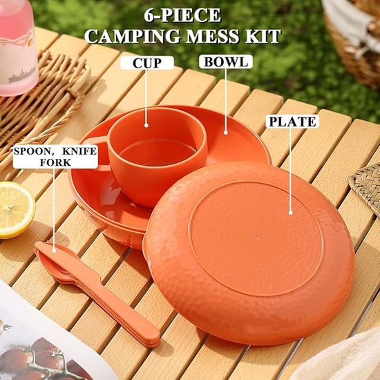 6-delige Camping Mess Kit met Kom, Bord, Beker en Bestek — afbeelding 3