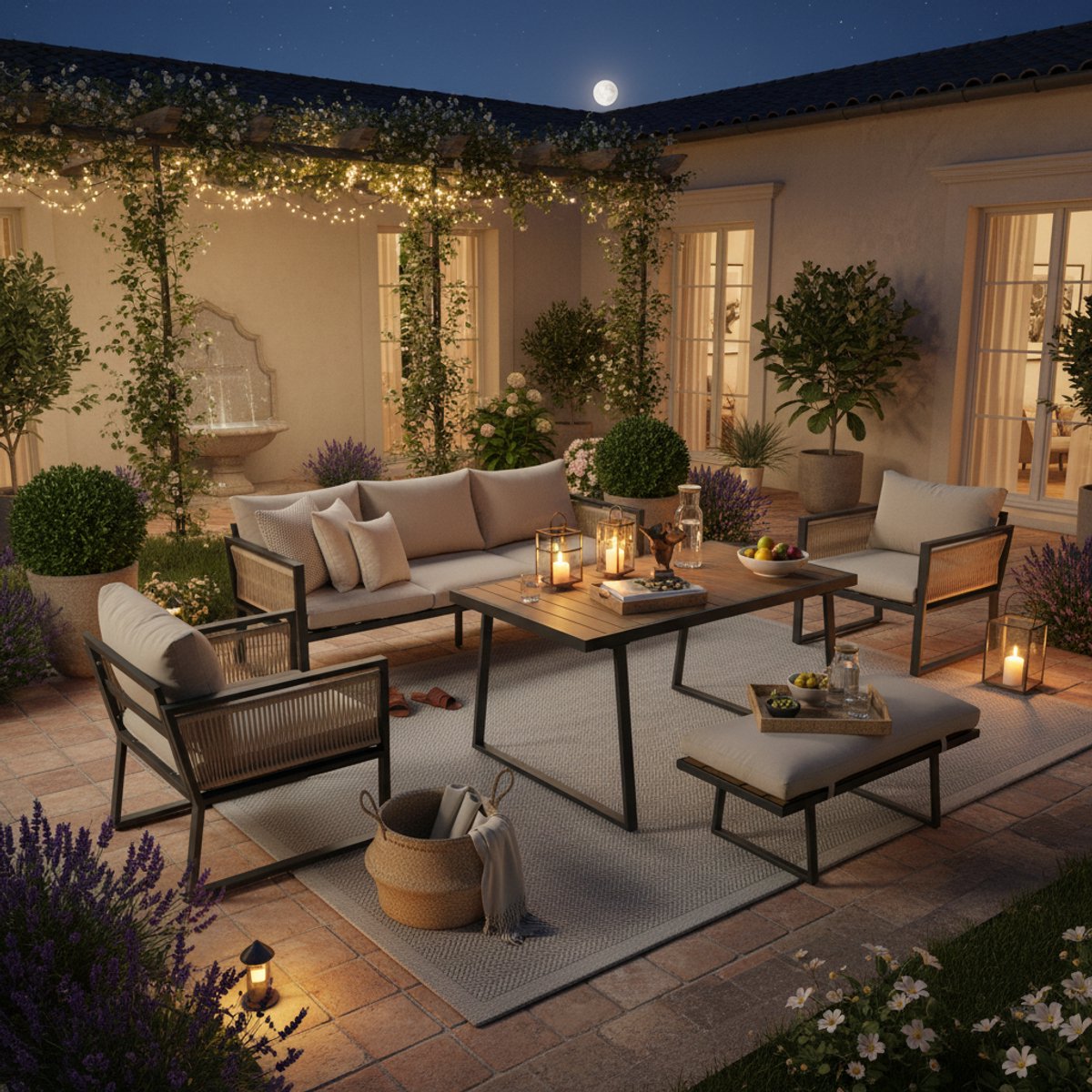 Zubaliya Tuin Eetset - 5-delig Beige - 3-zits + 2 Fauteuils + Hocker - Handgeweven Zeil - Verzinkt Staal